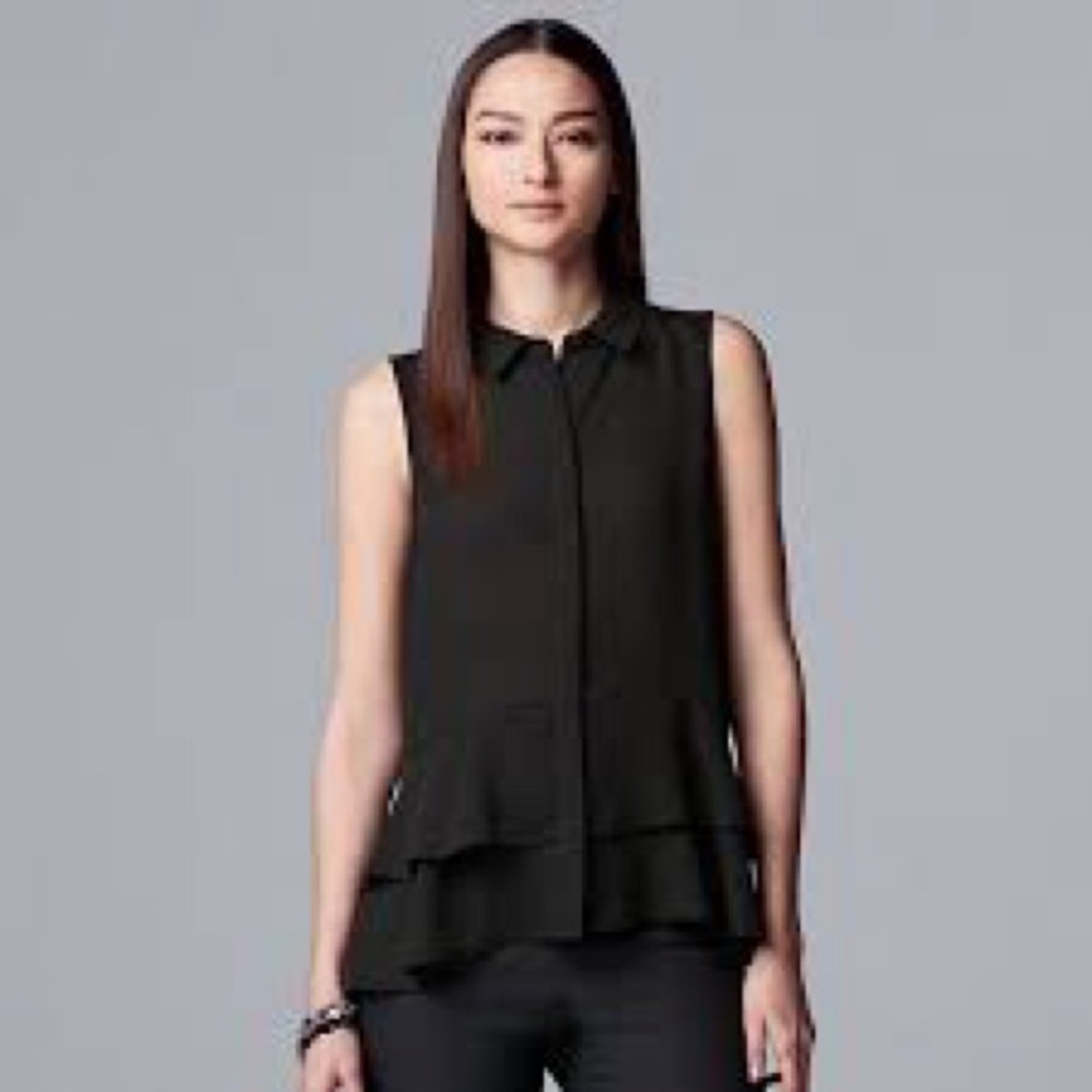 Simply Vera Vera Wang Black Sleeveless Flounce Ruffle Blouse Peter Pan Collar SM